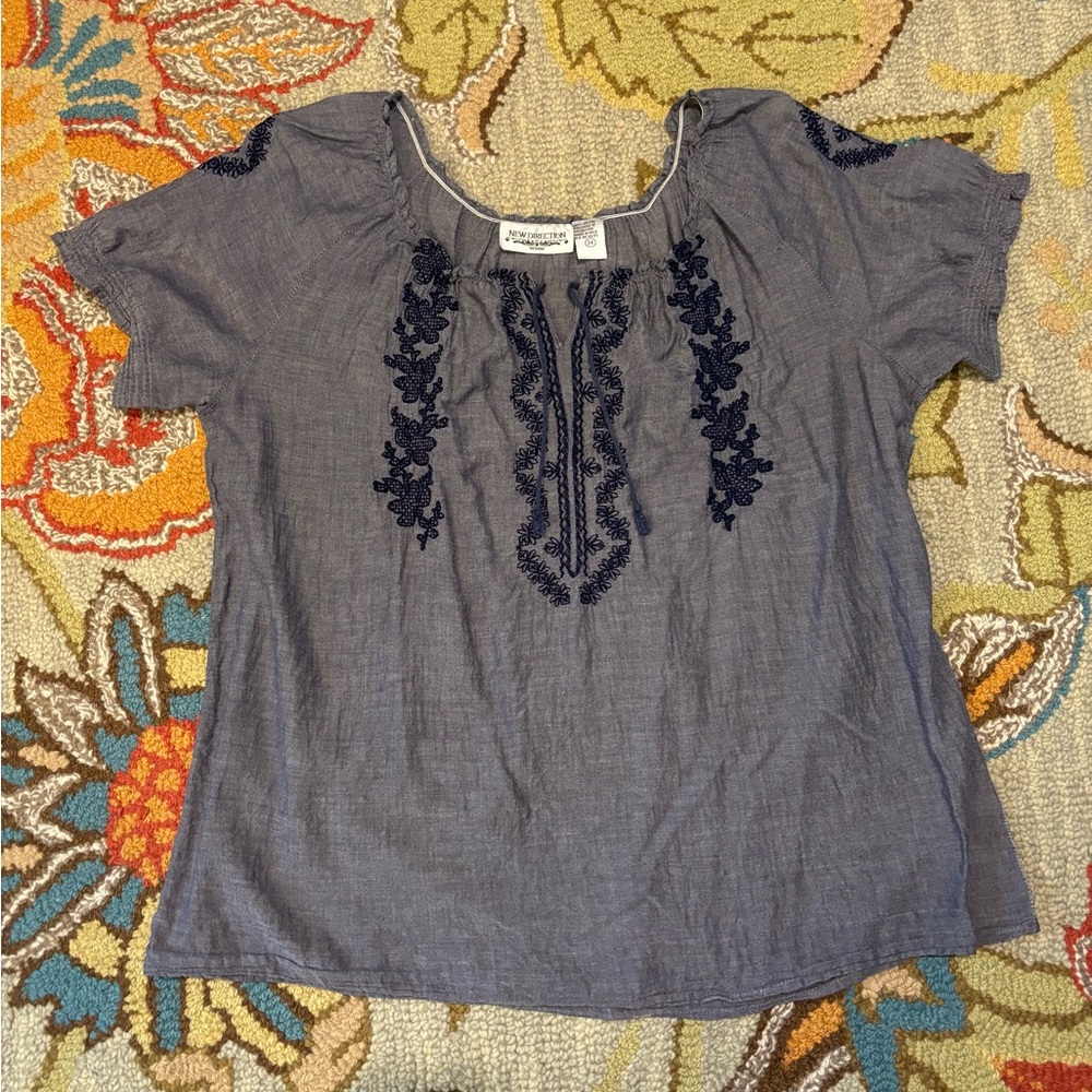 New Directions Navy Embroidered Blouse